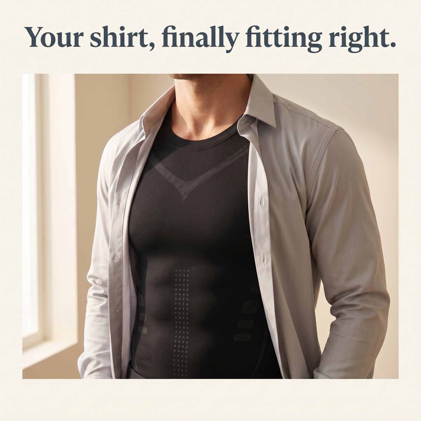 Man wearing Veilor compression undershirt under an open dress shirt - your shirt finally fitting right