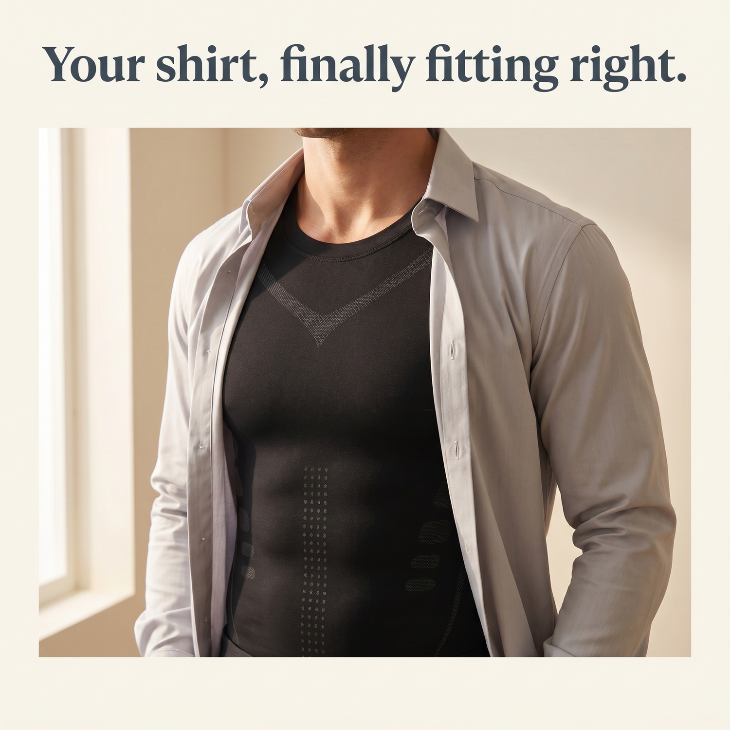 Man wearing Veilor compression undershirt under an open dress shirt - your shirt finally fitting right