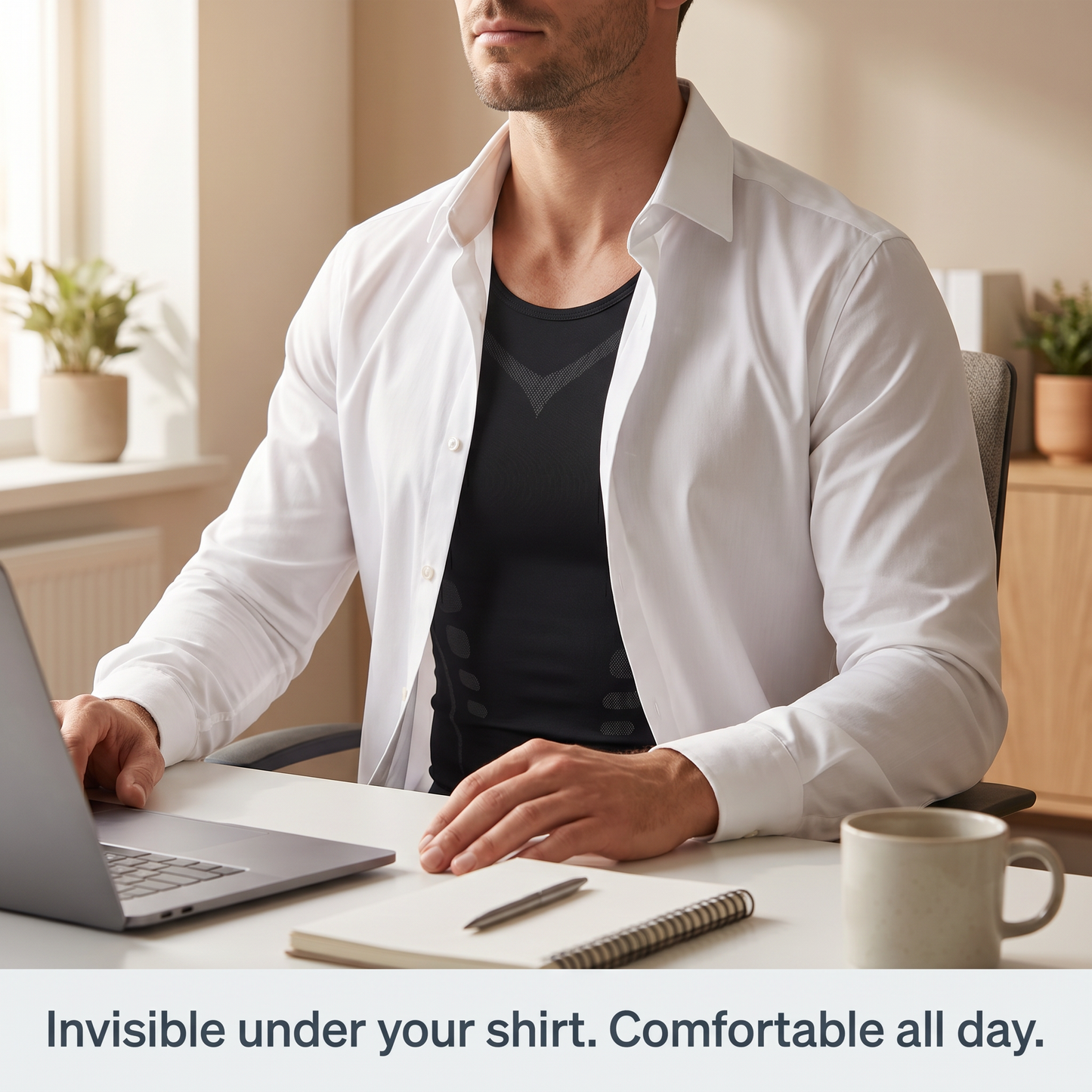 Veilor undershirt invisible and comfortable under a white work shirt at a desk