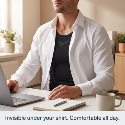 Veilor undershirt invisible and comfortable under a white work shirt at a desk