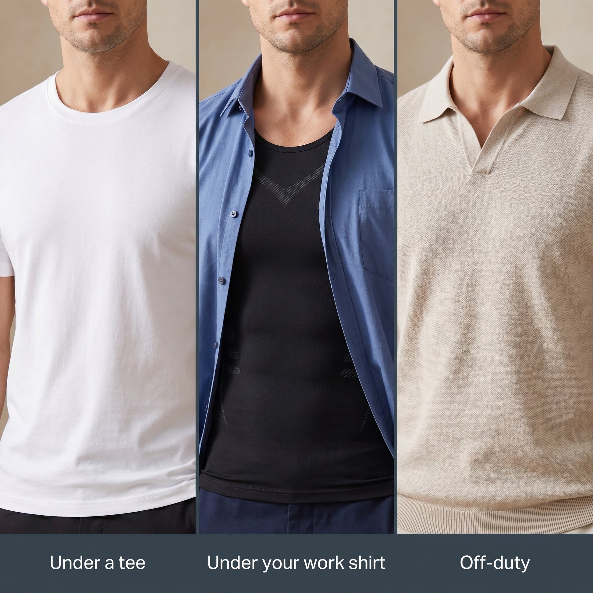 Veilor worn under a tee, work shirt and polo - invisible under any outfit