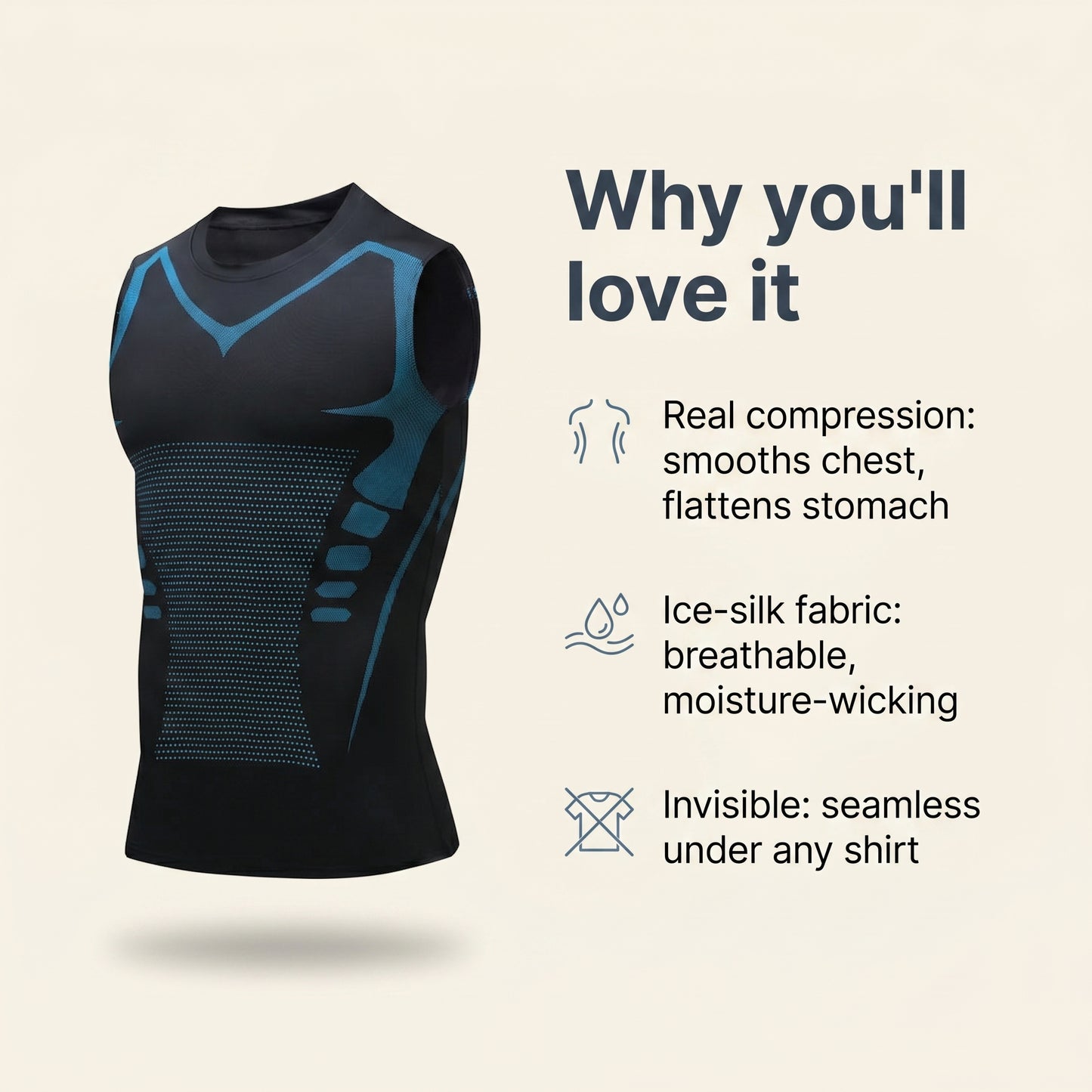 Veilor features: real compression, breathable ice-silk fabric, invisible under any shirt