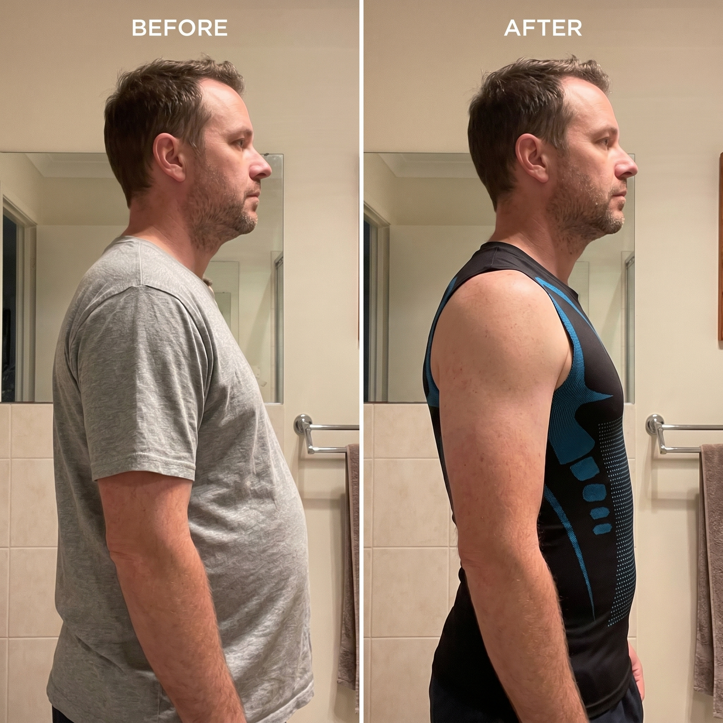Before and after profile comparison wearing a loose t-shirt versus the Veilor compression tank